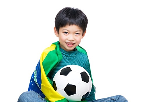亚洲,小男孩,巴西,旗帜,拿着,足球
