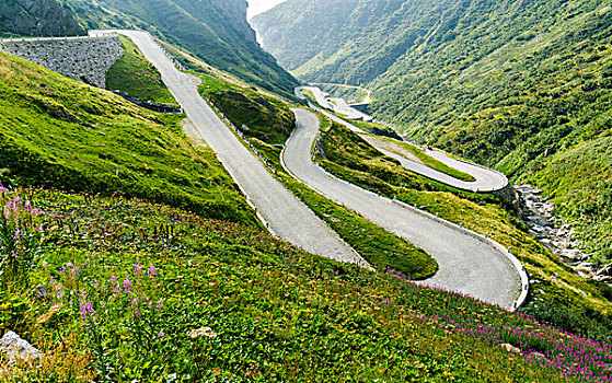老,道路,弯曲,向上,青山,斜坡,瑞士,欧洲