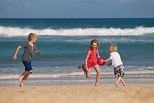 孩子,玩,红色,球,海滩
