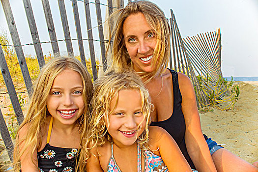 头像,金发,母亲,两个,女儿,海滩