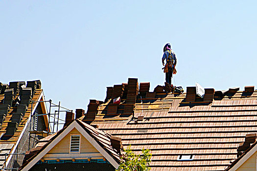 仰视,技工,工作,屋顶,房子