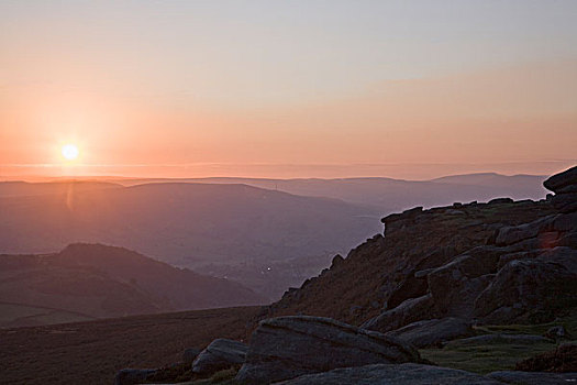 日落,俯视,风景,峰区国家公园,德贝郡,英格兰