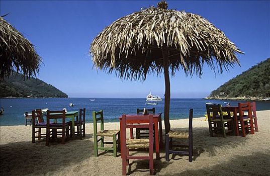 湾,海滩,木桌,椅子,下方,茅草屋顶,伞,干盐湖,靠近,波多黎各,墨西哥