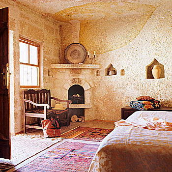 摩洛哥,卧室,地毯,打开,壁炉,角