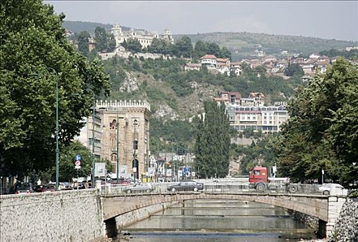 桥,上方,河,萨拉热窝,波斯尼亚,黑塞哥维那
