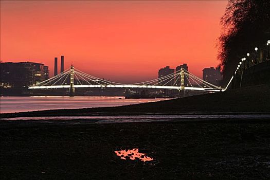 桥,日落,天空,风景,银行,泰晤士河,切尔西,堤,伦敦,英格兰,英国