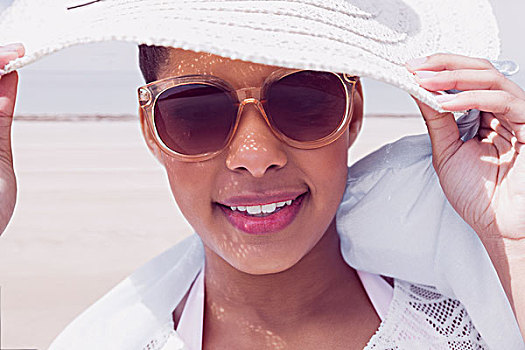 时髦,女人,帽子,墨镜,海滩
