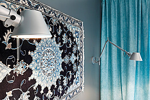 丝绸,地毯,卧室,墙壁,灯,淡色调,蓝色,帘,背景