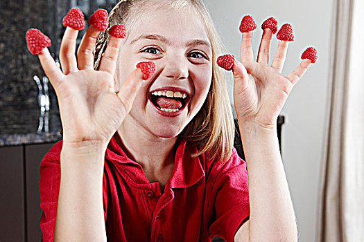 女孩,树莓,手指