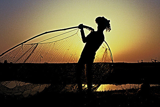 渔夫,抓住,鱼,传统,渔网,孟加拉
