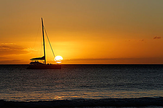 日落,帆船,卡亚纳帕里,毛伊岛,夏威夷,美国,北美