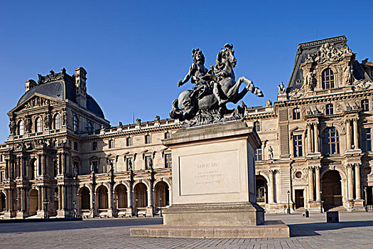 雕塑,路易十四,正面,建筑,卢浮宫,巴黎,法兰西岛,法国