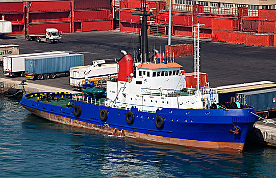 俯拍,集装箱船,停靠,港口,巴塞罗那,西班牙