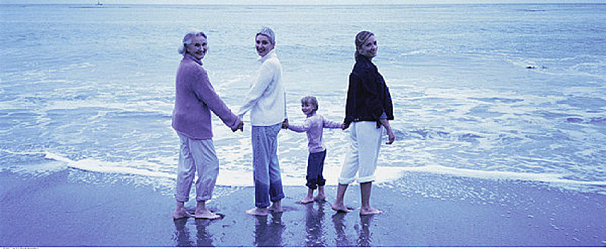 肖像,四代人,女人,站立,海浪,海滩