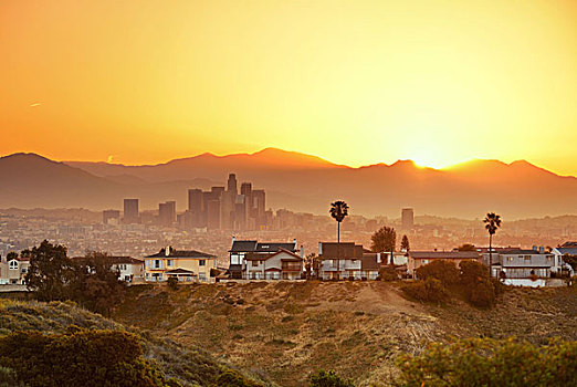 洛杉矶,日出,山,建筑