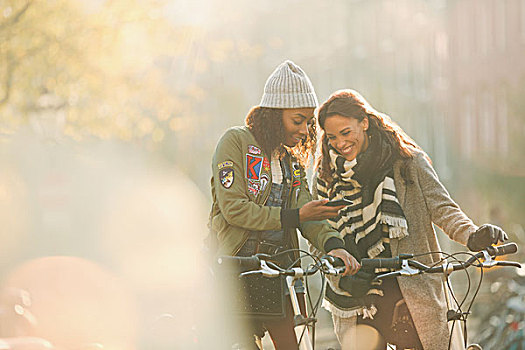 美女,朋友,自行车,看,手机,晴朗,秋天,街道