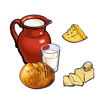 矢量,素描,乳制品,白面包,面包,卡通,牛奶杯,陶瓷,水罐,罐,瓦罐,圆