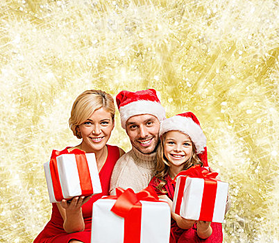 圣诞节,休假,家庭,人,概念,高兴,母亲,父亲,小女孩,圣诞老人,帽子,礼盒,上方,黄光,背景