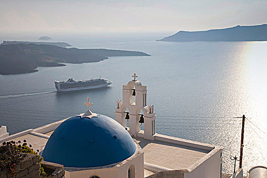风景,教堂,车辆渡船,锡拉岛,基克拉迪群岛,希腊