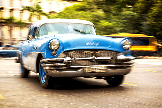速度,模糊,驾驶,老爷车,蓝色,街景,老,美洲,道路,街道,哈瓦那,出租车,古巴