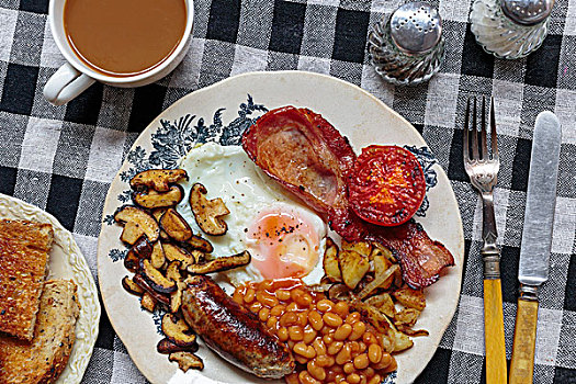 英国,早餐,蛋,锔豆,香肠,熏肉,蘑菇,英格兰