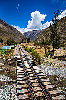 列车,轨道,旁侧,乡村,家,景色,旅途,神圣峡谷,印加,安迪斯山脉,秘鲁