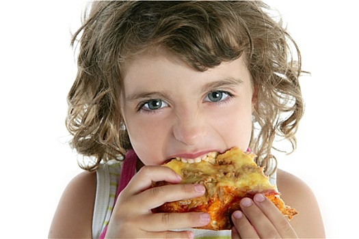 小女孩,吃饭,饥饿,比萨饼,特写,头像