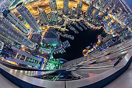 俯视,鱼眼镜头,风景,迪拜,阿联酋,夜晚,光亮,摩天大楼,码头