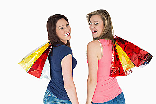 两个,高兴,女人,购物袋,白色背景
