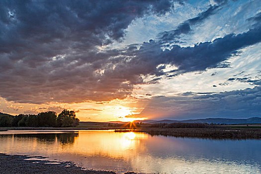 日落,云,上方,水塘,国家野生动植物保护区,靠近,蒙大拿,美国