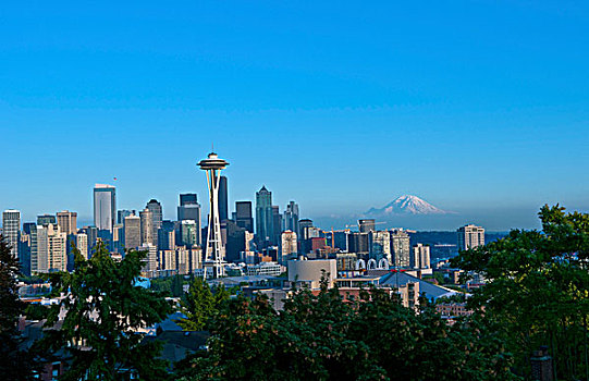 西雅图,太空针,雷尼尔山,背景,华盛顿,美国