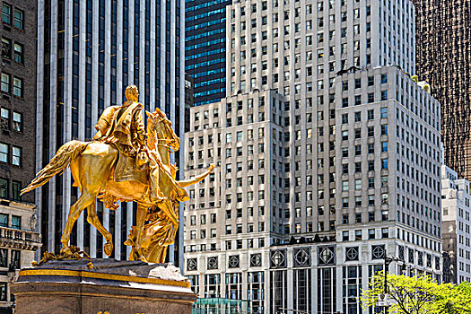 镀金,青铜,骑马雕像,军队,广场,靠近,中央公园,纽约,美国