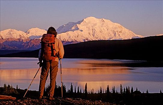 远足者,旺湖,注视,山,麦金利山,日落,德纳里峰国家公园,阿拉斯加
