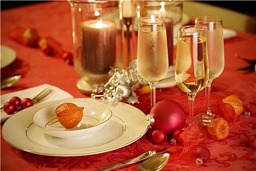 优雅,圣诞桌,布置,红色,金色,彩色
