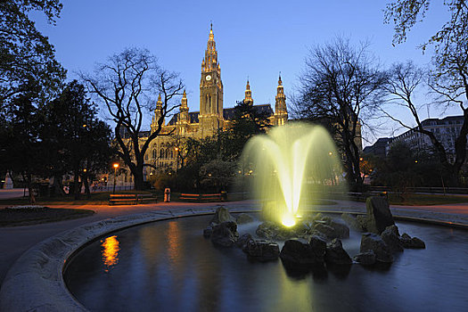 喷泉,黄昏,市政厅,背景,维也纳,奥地利