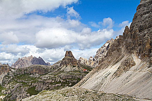 徒步旅行,三个山峰,小屋,白云岩,意大利,欧洲