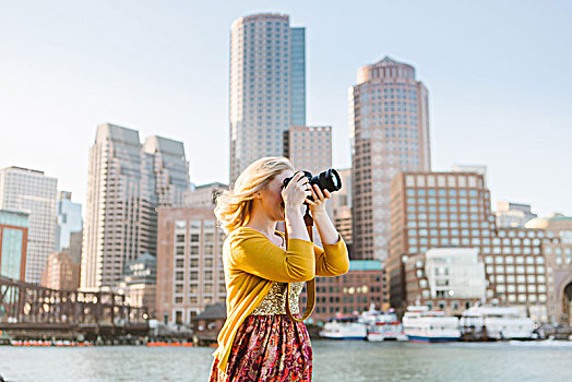美女,摄影师,摄影,码头,波士顿,马萨诸塞,美国