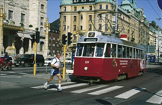 瑞典,哥德堡,城市,老,建筑,房子,有轨电车,人行横道,交通,行人,夏天