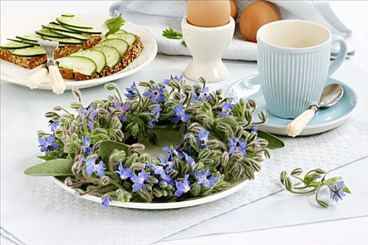 琉璃苣,花环,早餐桌,黄瓜,面包