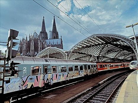 中央车站,列车,科隆大教堂,涂鸦,科隆,莱茵兰,北莱茵威斯特伐利亚,德国