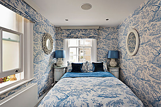 卧室,清新,蓝色,白色,树,图案,壁纸,纺织品