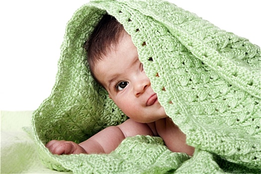 可爱,高兴,婴儿,绿色,毯子