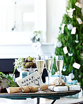 桌子,香槟,圣诞节,饼干,礼物