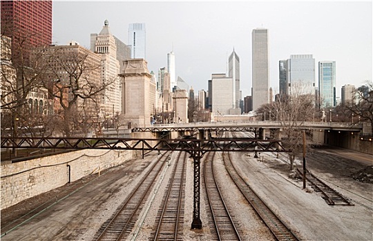 铁轨,市区,芝加哥,天际线,运输,基础设施
