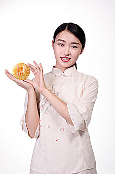 中式服装,美女,中秋月饼