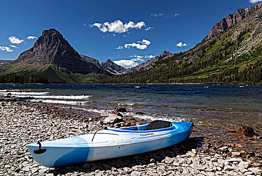 独木舟,两个,药湖,山,背影,冰川国家公园,落基山脉,蒙大拿,美国,北美