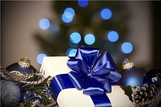 白色,礼盒,蓝色,带,装饰,圣诞装饰