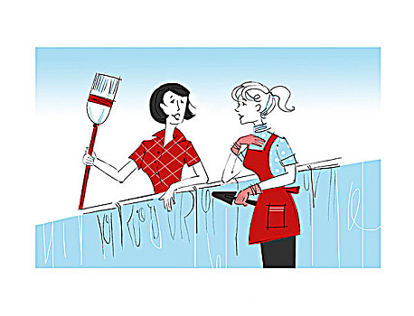 插画,两个女人,园艺工作,交谈,上方,栅栏