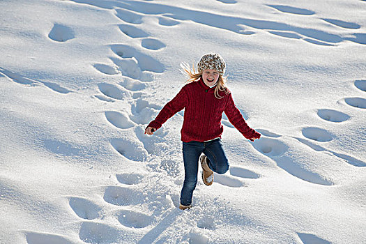 冬季风景,雪,地上,女孩,大雪,制作,脚印,轨迹