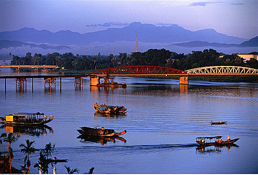 船,桥,香水,河,色调,越南